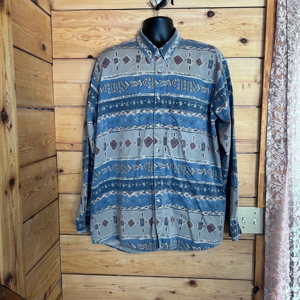 Vintage Aztec Pattern Shirt Mens 2XL Blue Geometric Tribal Back Country 1990s
